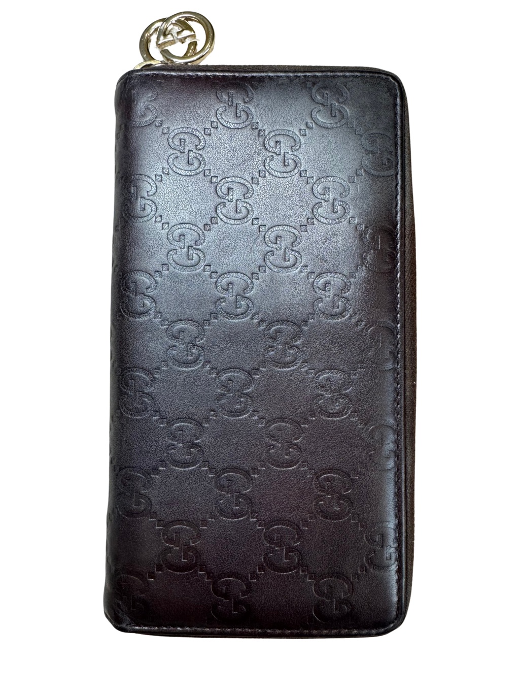 Guccissima Embossed Gg Black Leather Zip Wallet With Gold-Tone Charm